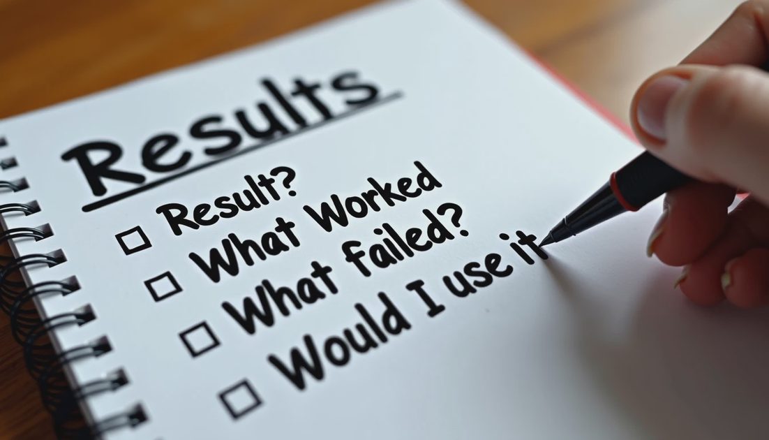 Handwritten four-question result template for experiment decisions