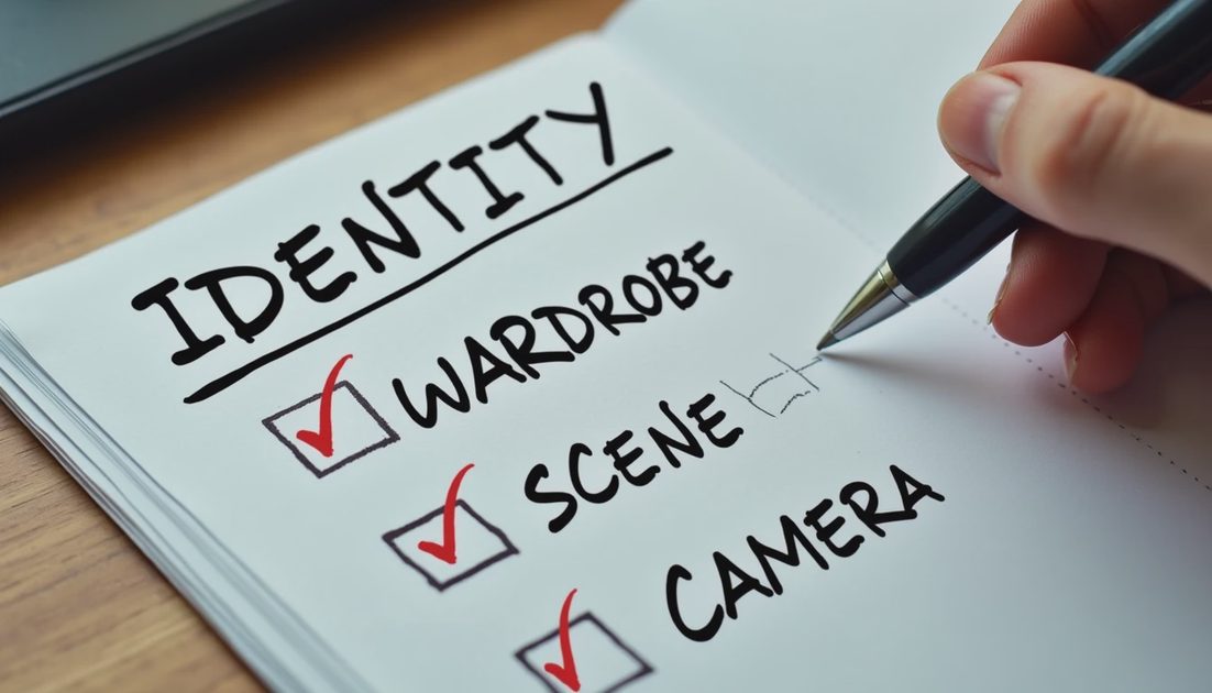 Handwritten structured prompt blocks for identity wardrobe scene camera