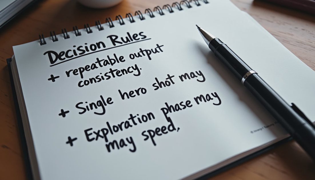 Handwritten decision rule card for speed detail consistency priorities