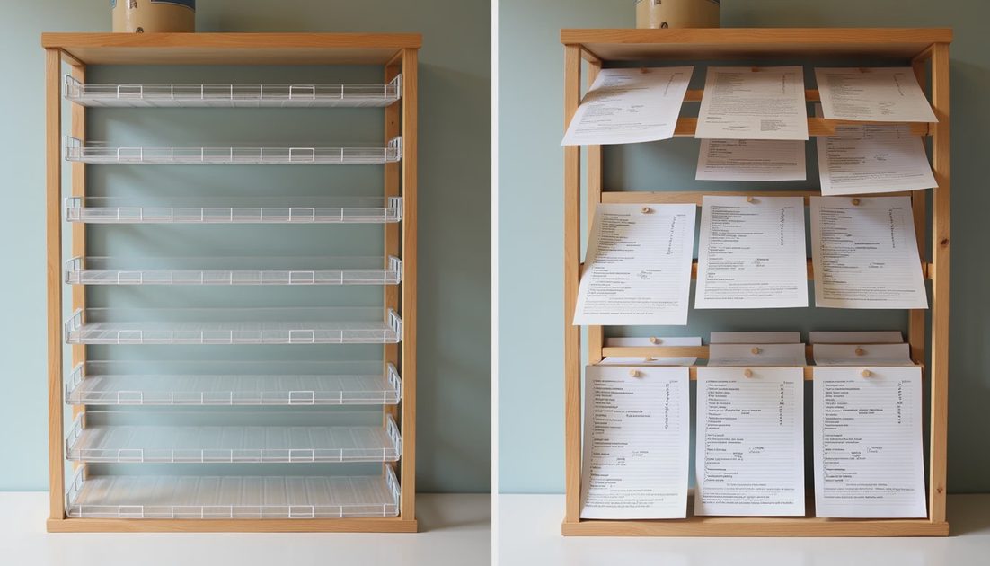 Recipe shelf before and after quarterly keep-or-kill cleanout